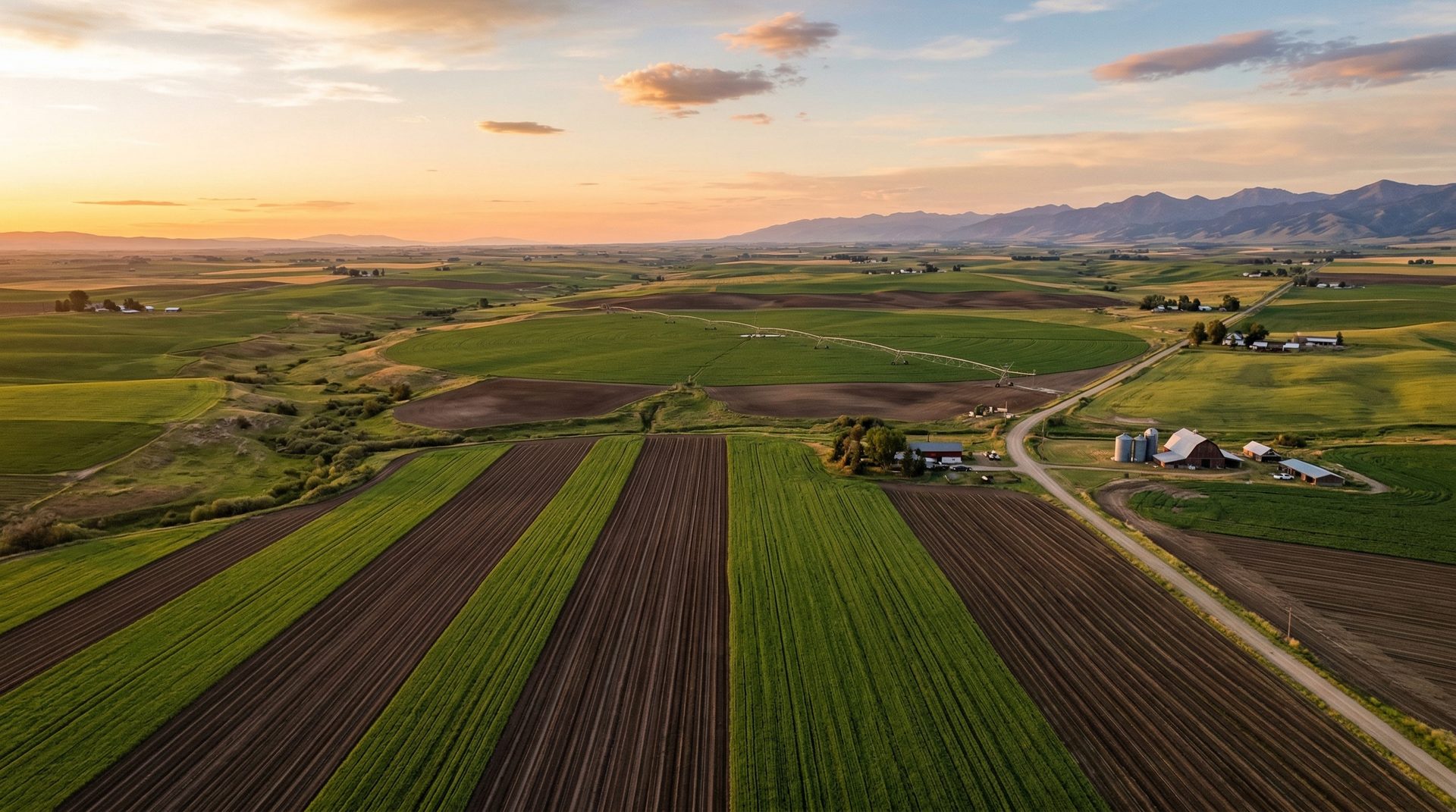 Aerial view of agricultural fields in southern Idaho at golden hour